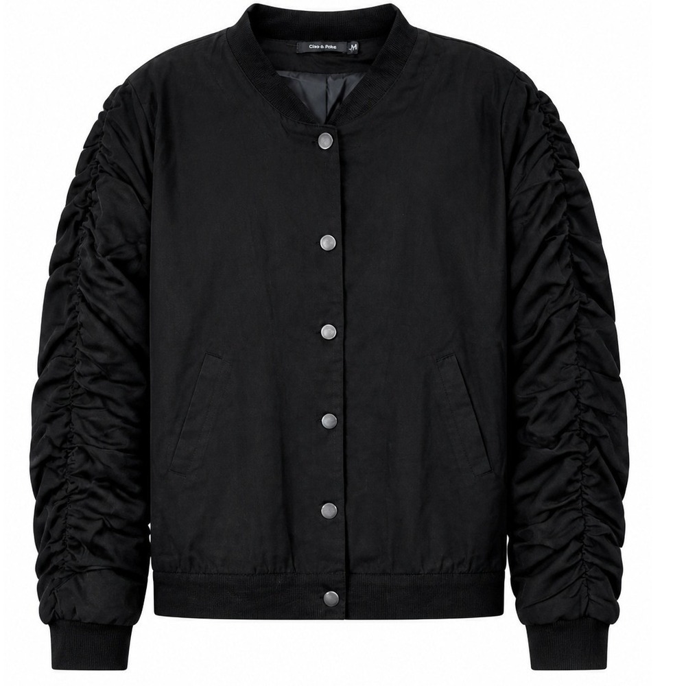 Doe & Rae Bomber Jacket Women's L Ruched Sleeve Snap Front Black Solid Regular L